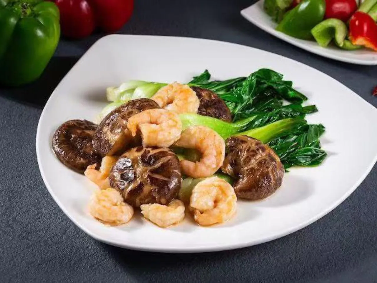 Sautéed shrimp with bok choy and shiitake mushrooms at New Canton Restaurant, a Chinese Restaurant in San Carlos