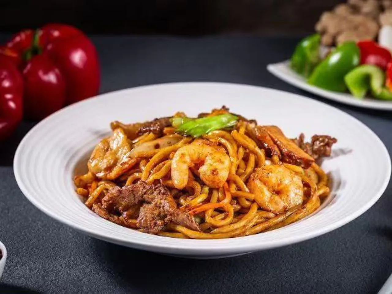 Stir-fried noodles with shrimp, beef and vegetables at New Canton Restaurant, a Chinese Restaurant in San Carlos