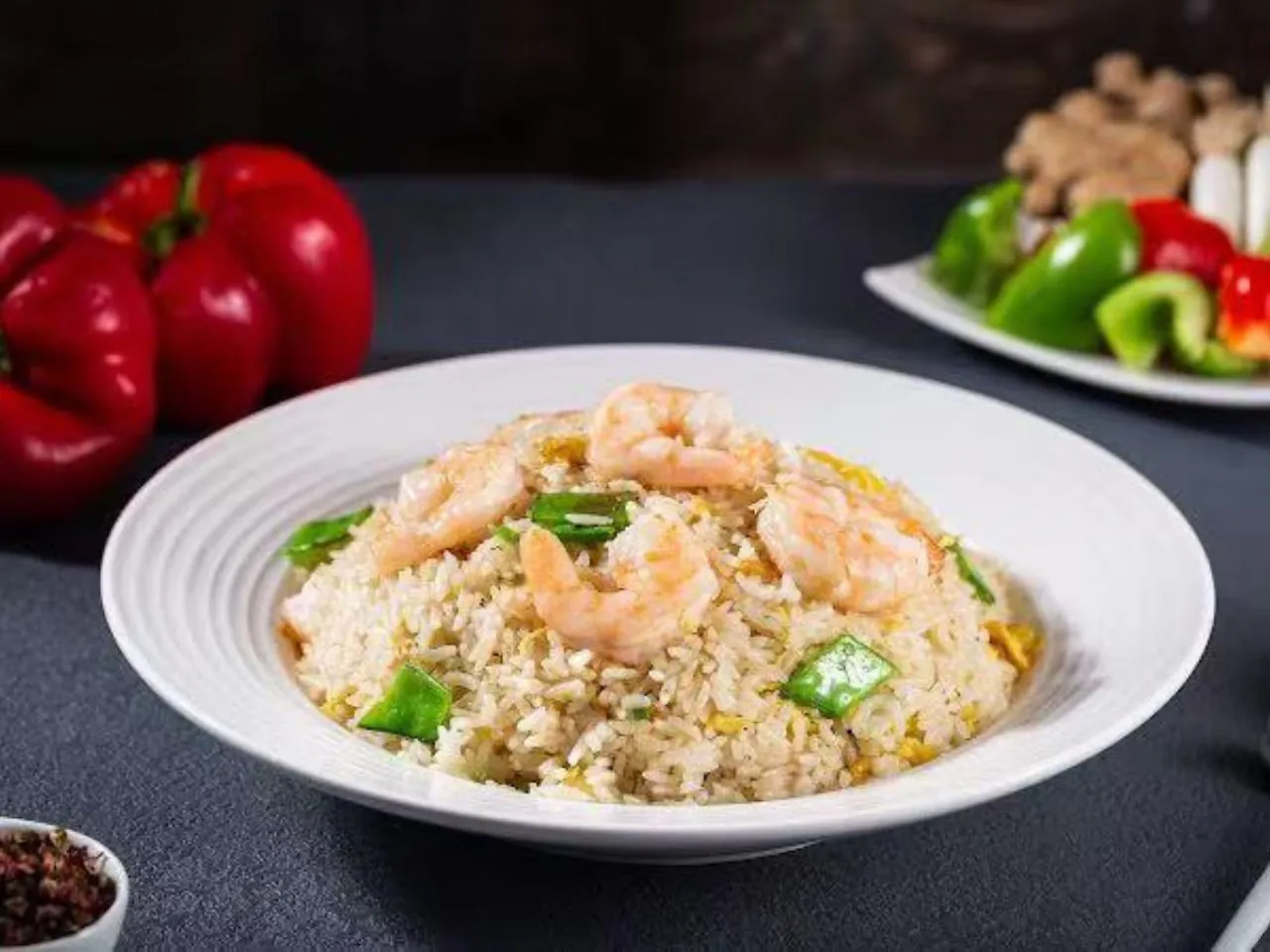 Fried rice with shrimp, egg and green peppers at New Canton Restaurant, a Chinese Restaurant in San Carlos